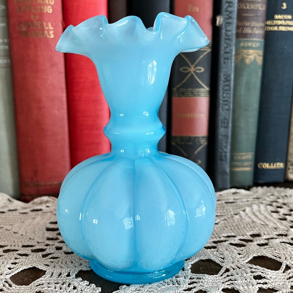 Vintage Fenton Blue Opaline Overlay Melon Vase Ruffled Crimped Rim 5”